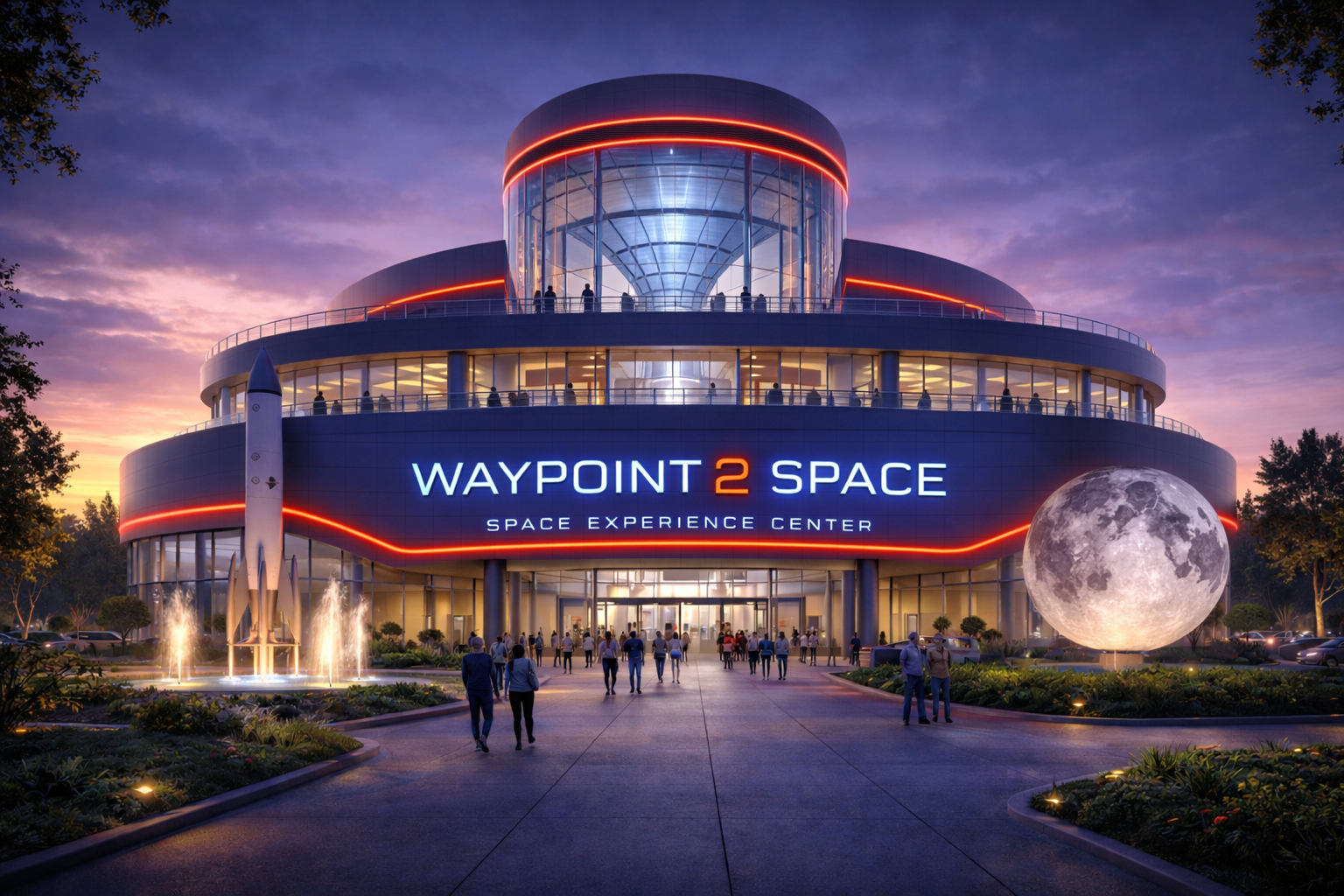 Waypoint 2 Space Space Experience Center exterior with moon installation
