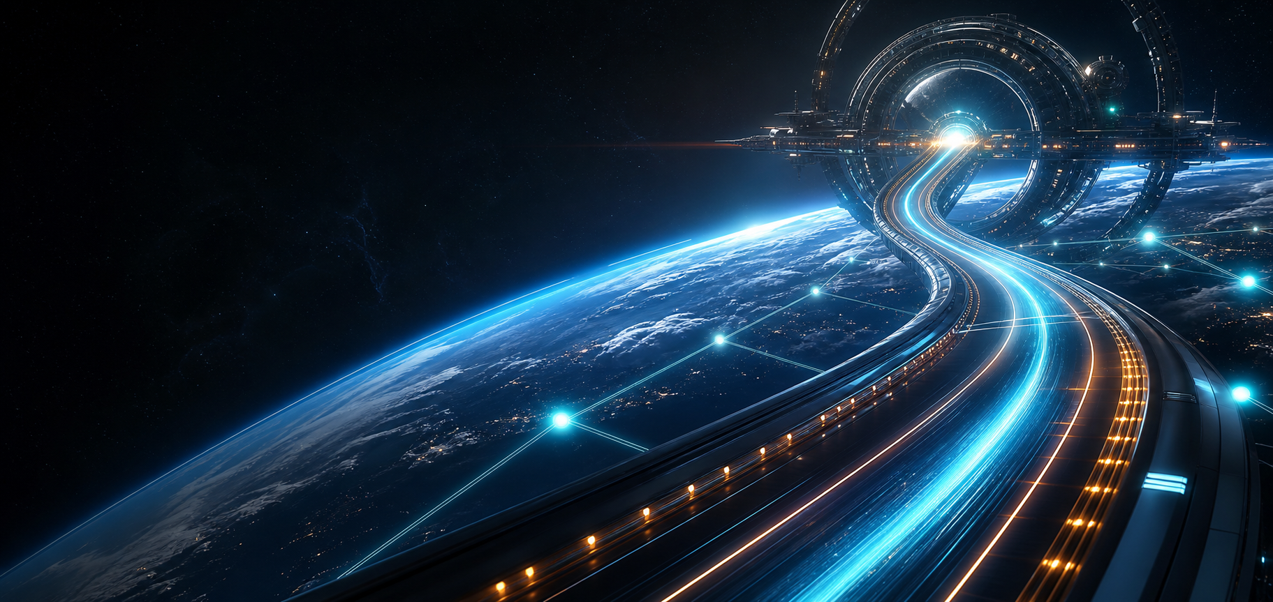 A luminous orbital route curving from Earth into space